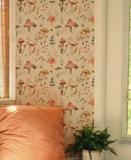 Whimsical vintage mushroom peel and stick wallpaper