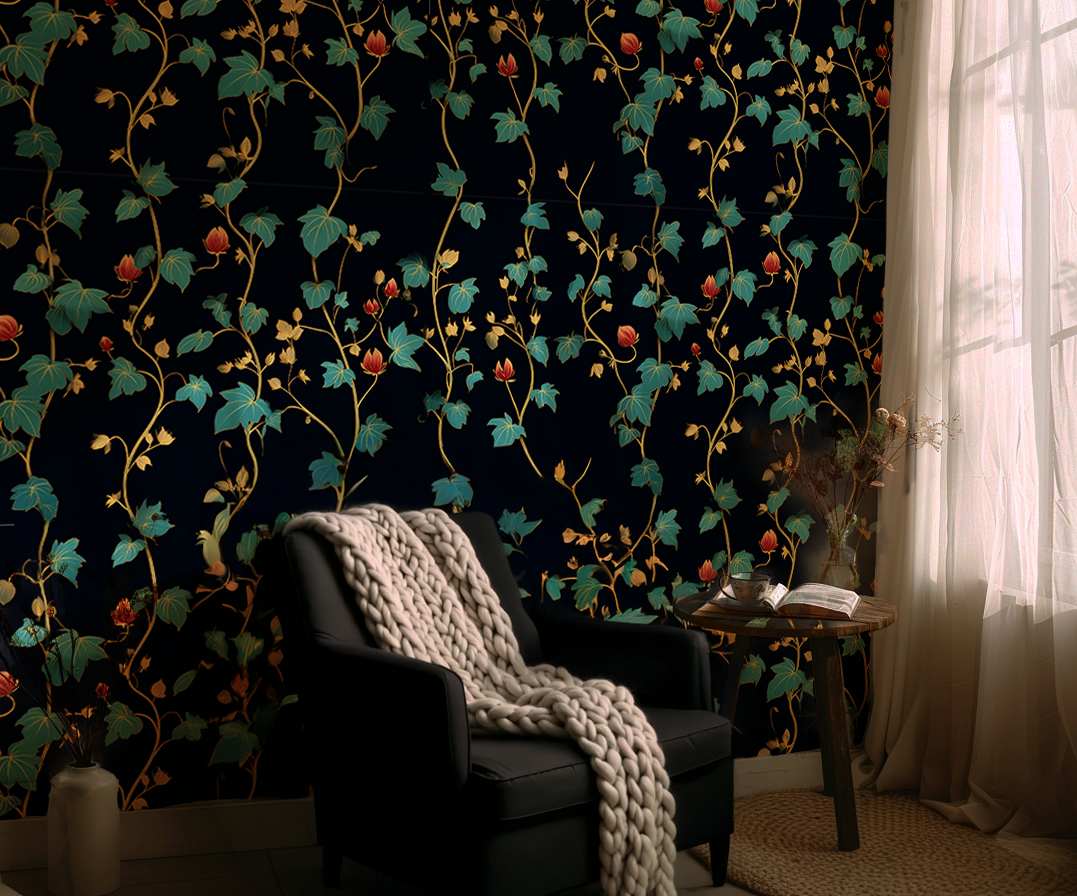 Dark moody botanical vines peel and stick wallpaper