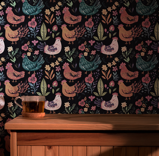 Farm animal chicken peel and stick Scandinavian wallpaper