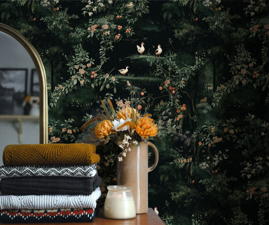 Renaissance Chickens Wallpaper – Dark Botanical Farmhouse Wallpaper