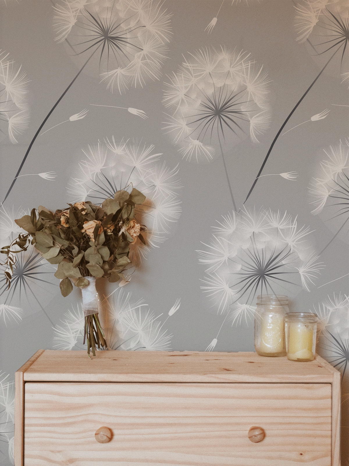 grey botanical dandelion peel and stick wallpaper