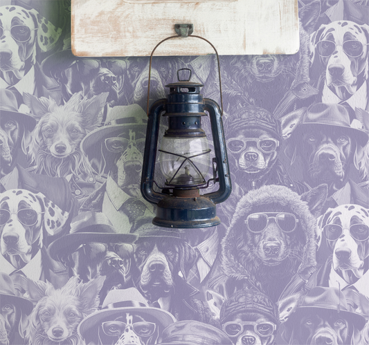 Moody wallpaper featuring a dense collage of stylish dogs in hats, glasses, and coats, illustrated in soft tones with a vintage portrait feel on wall