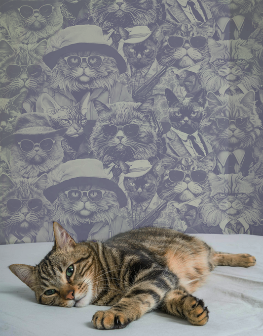 Moody wallpaper featuring a dense collage of stylish cats in sunglasses, hats, and tailored outfits, illustrated in soft lavender tones with a playful vintage portrait feel in bedroom