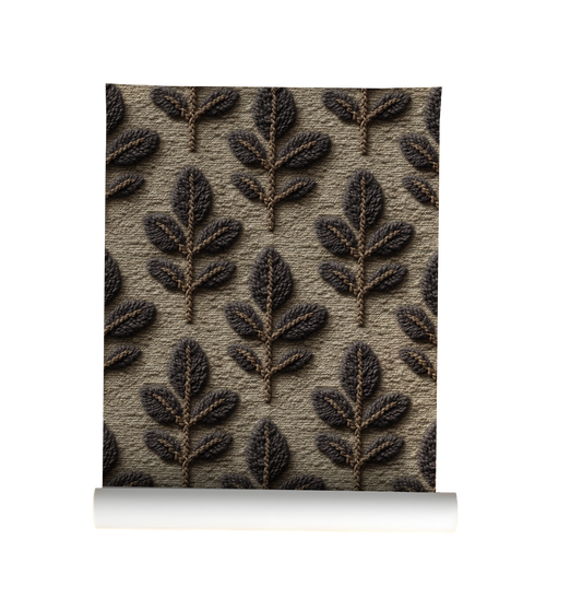Textured leaf knit wallpaper with embroidered botanical pattern in earthy woodland tones On roll