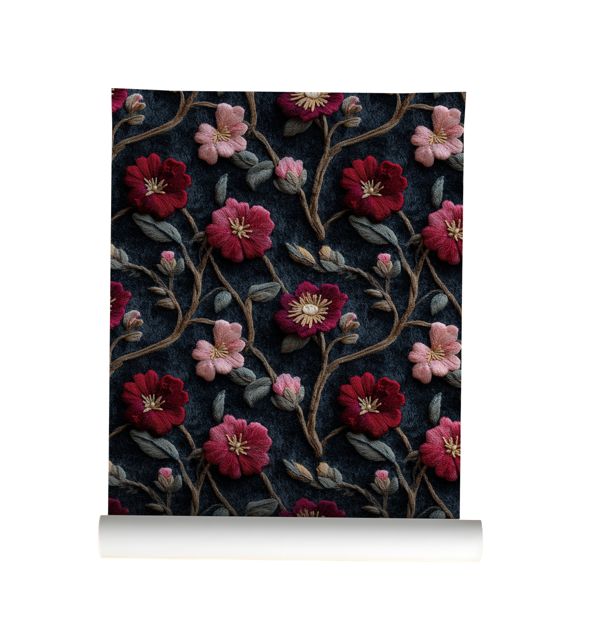 Crimson Vine dark floral peel and stick wallpaper featuring embroidered-style crimson red, burgundy and dusty pink flowers with winding vines and sage green leaves against a deep midnight blue-black background on roll.