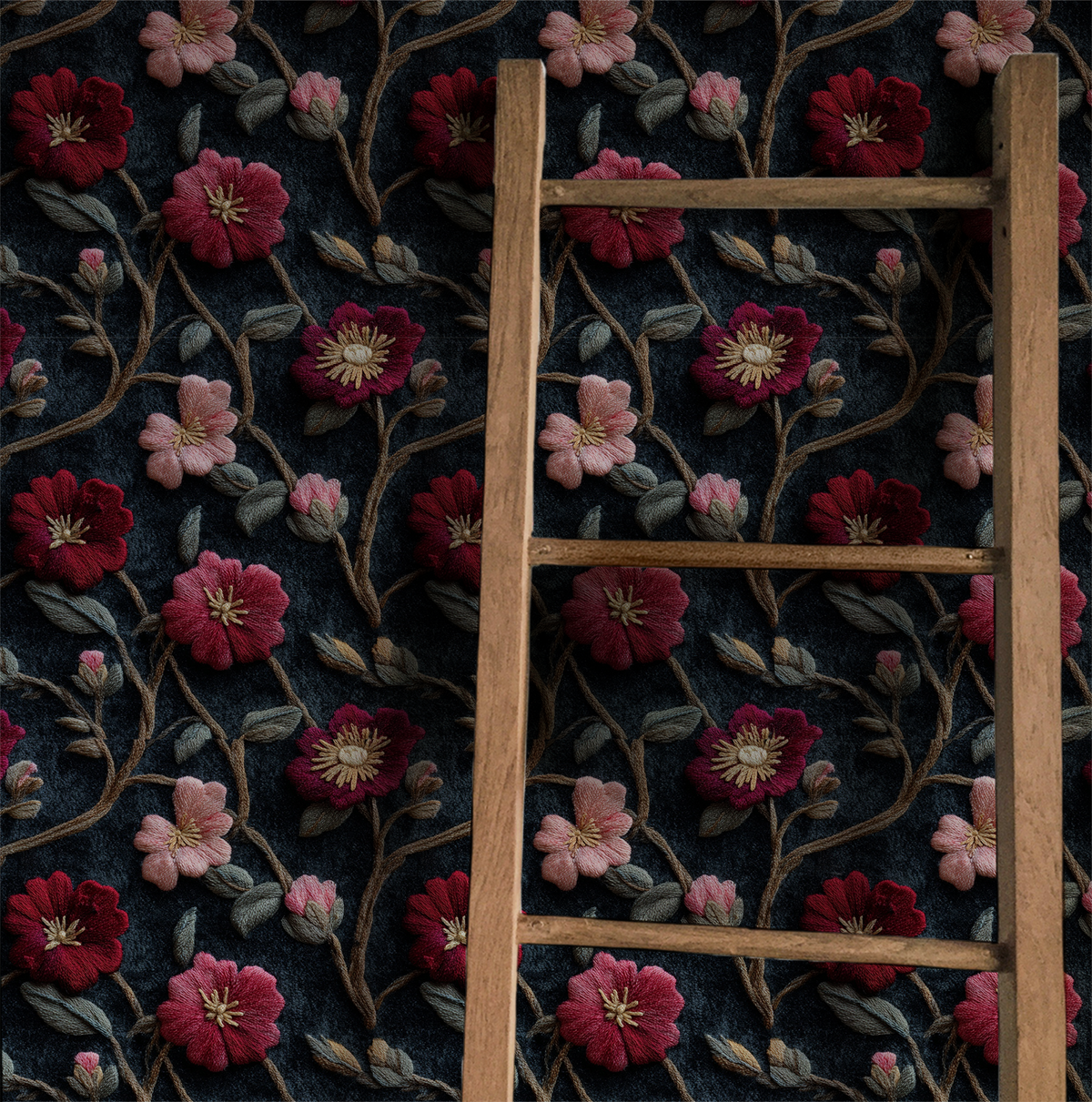Crimson Vine dark floral peel and stick wallpaper featuring embroidered-style crimson red, burgundy and dusty pink flowers with winding vines and sage green leaves against a deep midnight blue-black background displayed on wall.
