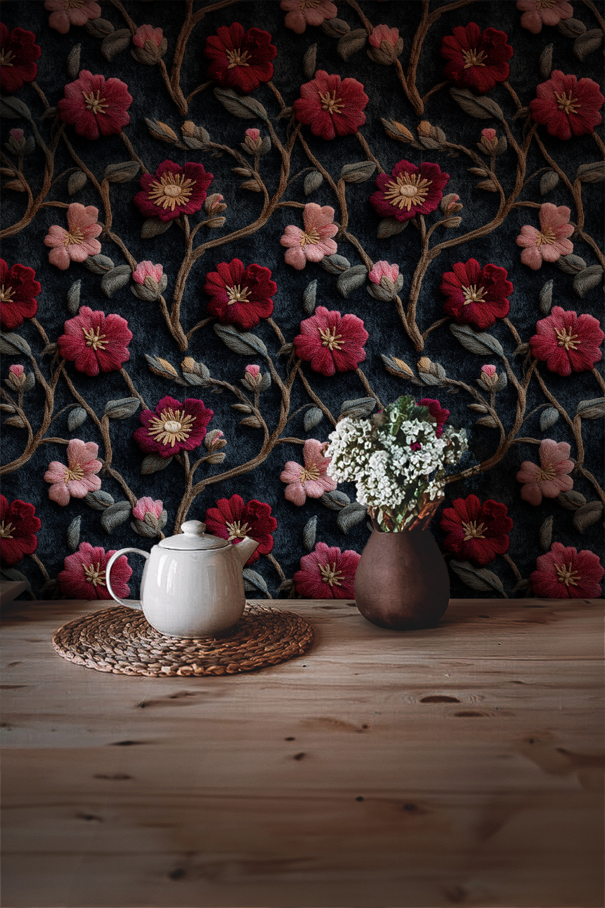 Crimson Vine dark floral peel and stick wallpaper featuring embroidered-style crimson red, burgundy and dusty pink flowers with winding vines and sage green leaves against a deep midnight blue-black background in kitchen.