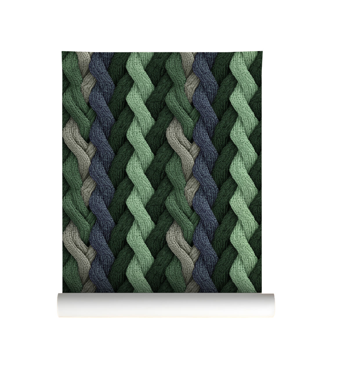 Evergreen cable knit wallpaper with braided knit pattern in layered green tones On roll