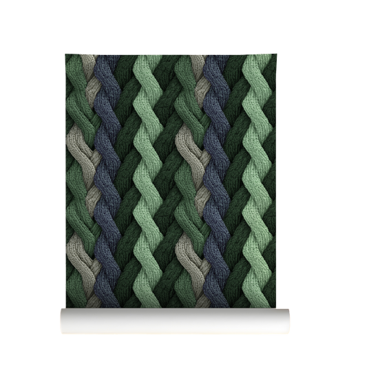 Evergreen cable knit wallpaper with braided knit pattern in layered green tones On roll