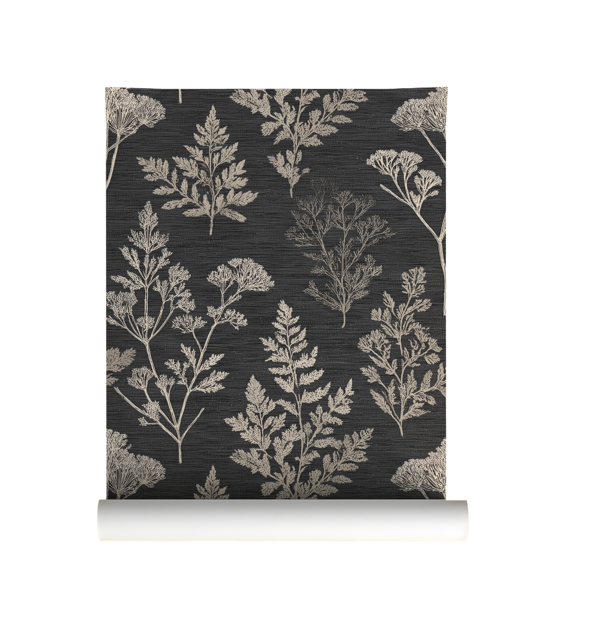 Dark botanical wallpaper featuring vintage herbarium silhouettes, delicate wildflowers, and fern fronds in warm beige on a charcoal black background, creating a moody cottagecore and dark academia aesthetic, on roll