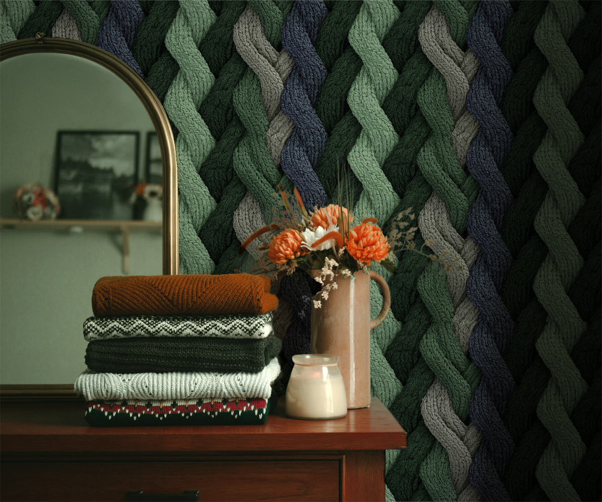 Evergreen cable knit wallpaper with braided knit pattern in layered green tones In room