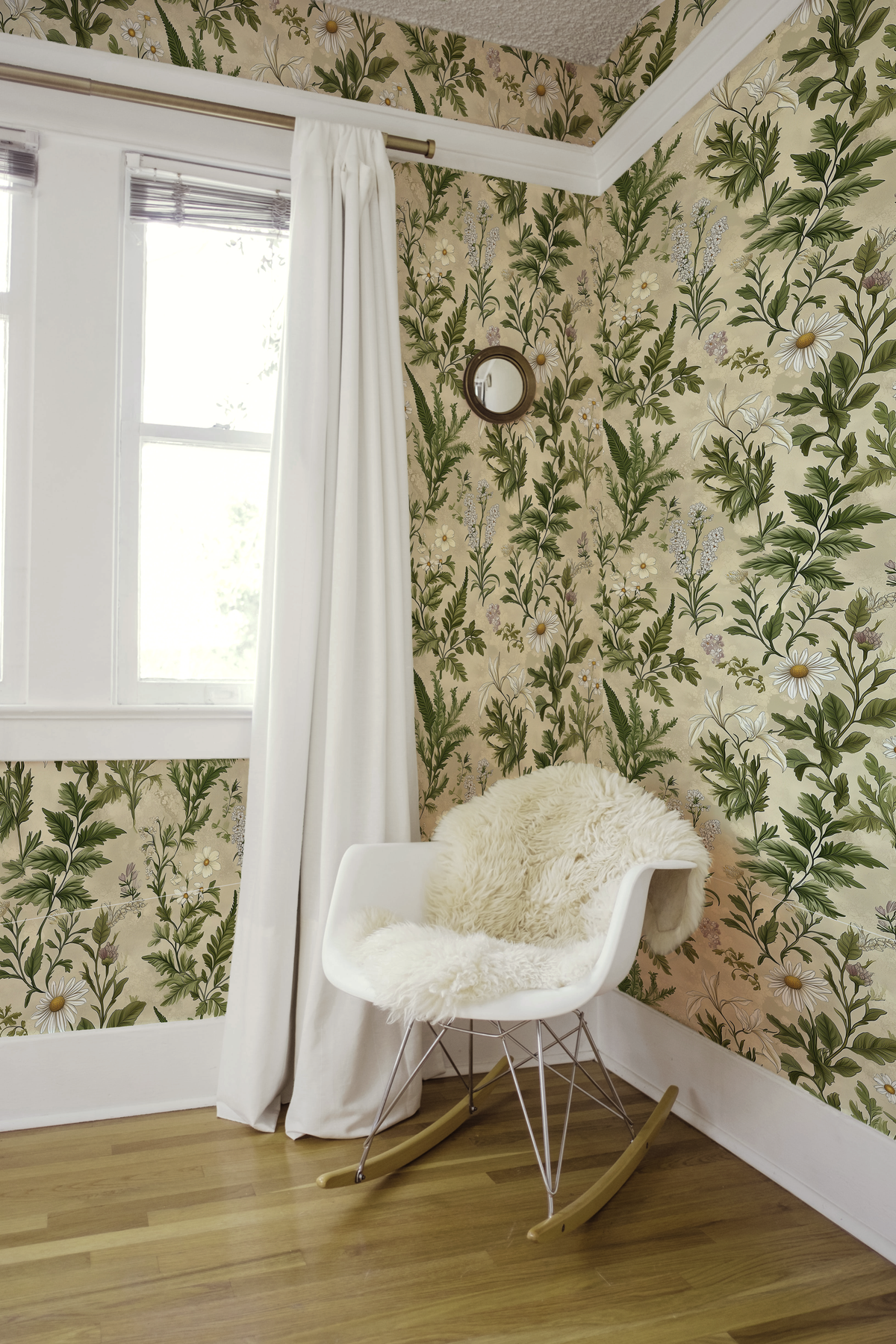bedroom with neutral wildflower wallpaper featuring delicate hand-drawn stems, seed heads, and meadow blooms in muted taupe and cream