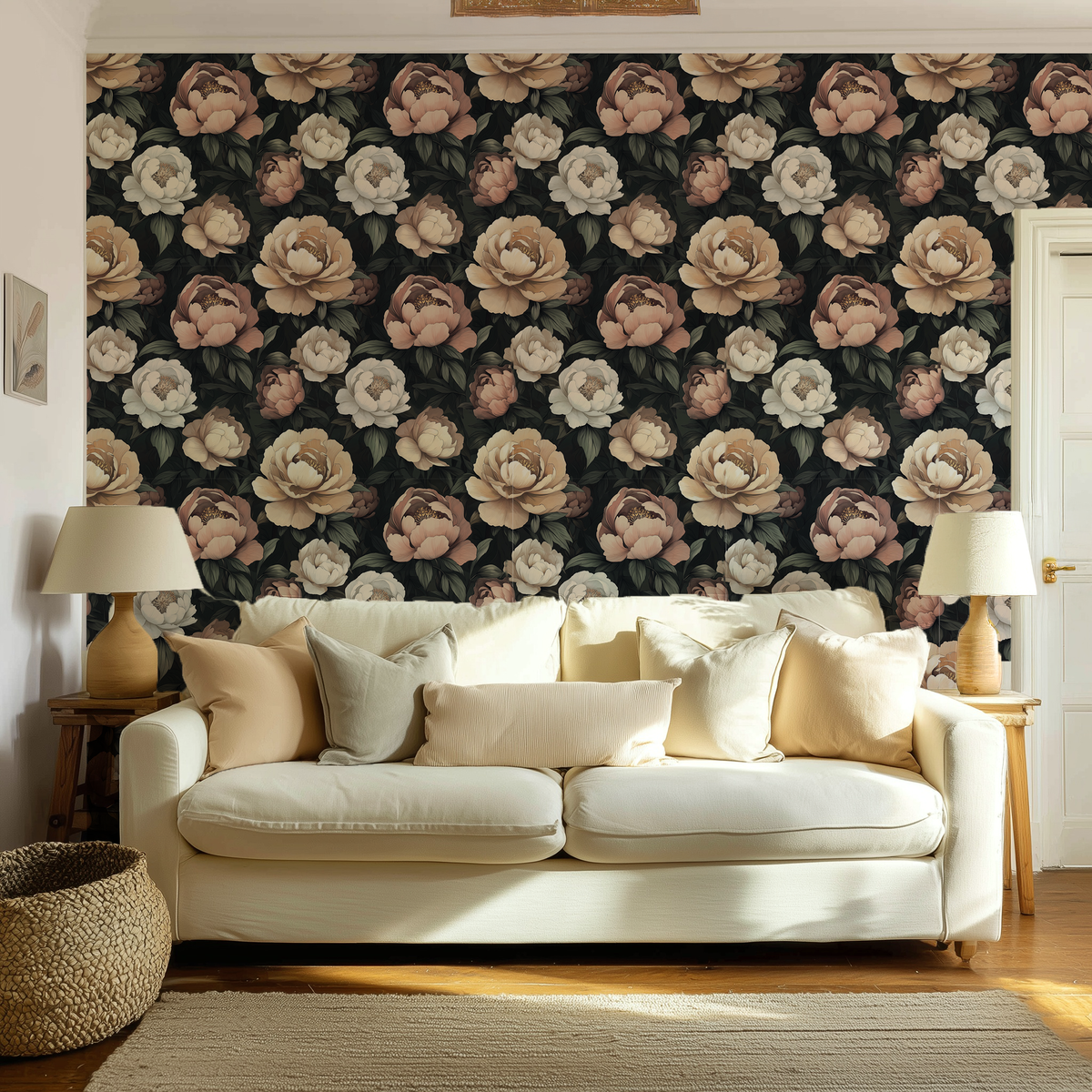 Moody peony wallpaper featuring oversized cream, blush, and taupe blooms with deep green foliage on a dark background, creating an elegant cottagecore floral statement wall, in living room