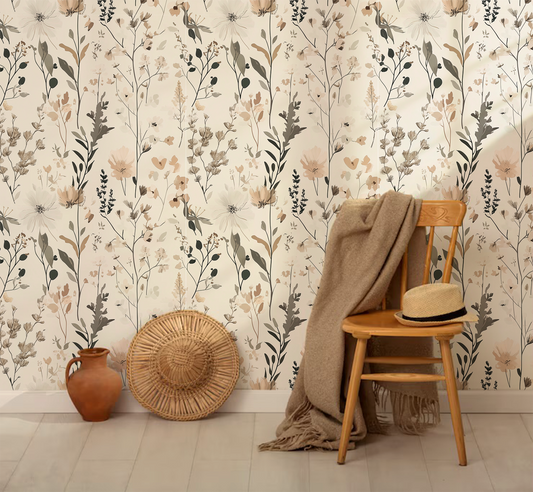 Neutral botanical floral peel and stick wallpaper