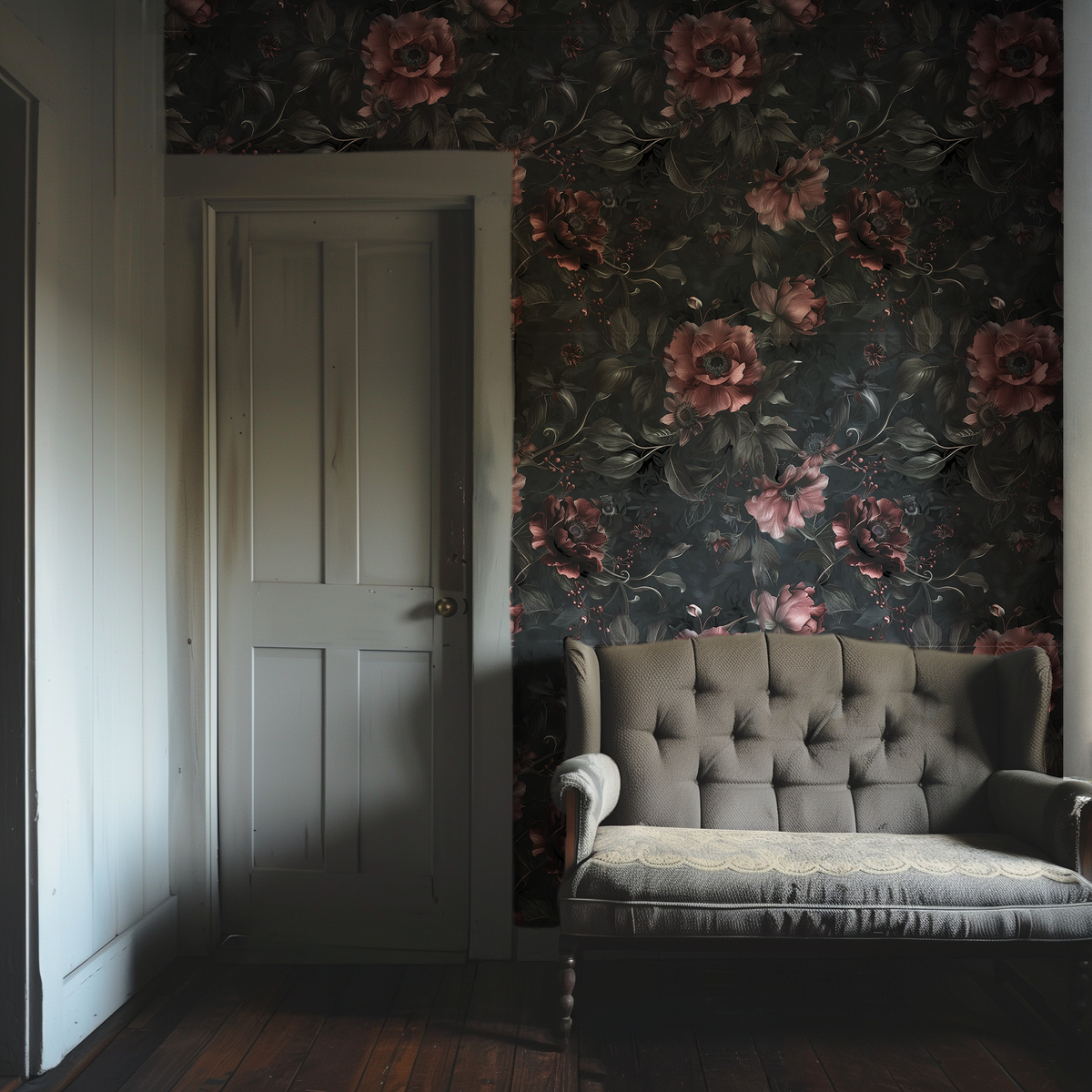 Dark moody floral wallpaper with deep burgundy flowers, black foliage and trailing vines on a charcoal background in entryway