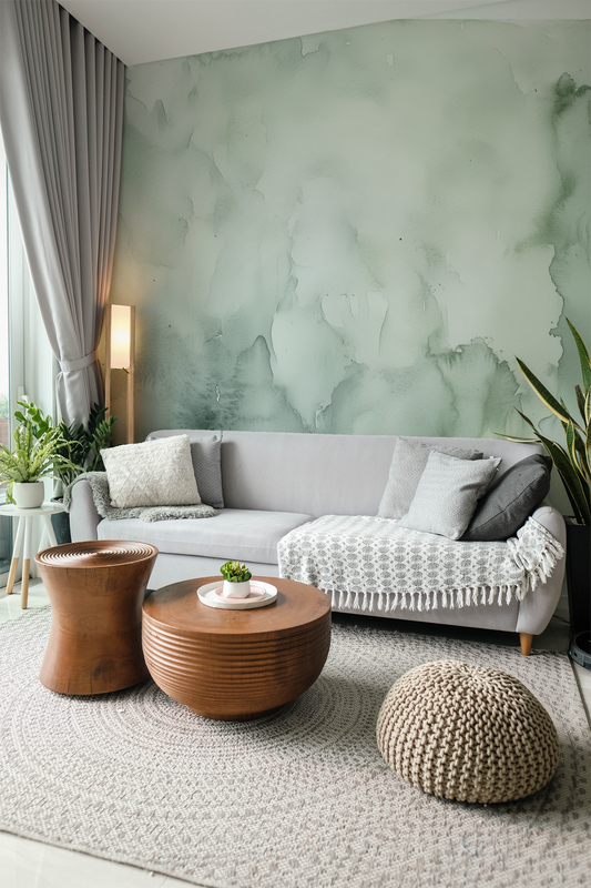 Sage Green Watercolor Wallpaper Mural – Soft Mist Texture