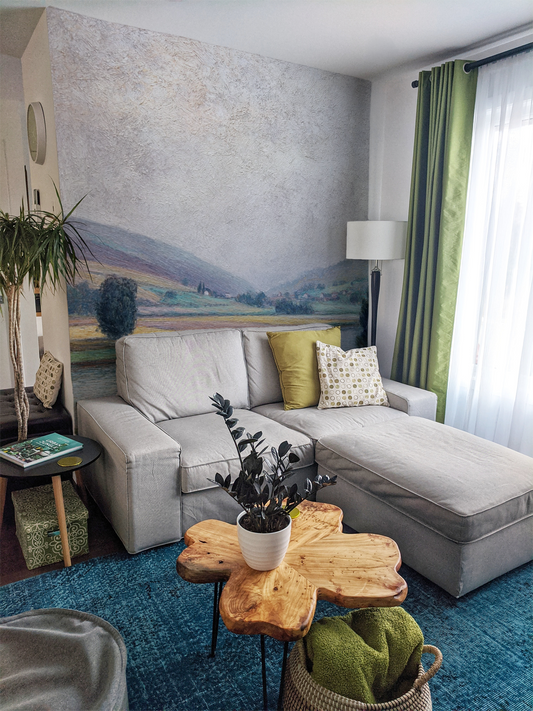 Landscape wallpaper mural peel and stick, vintage countryside wall mural with hills, river, and textured painted sky in room