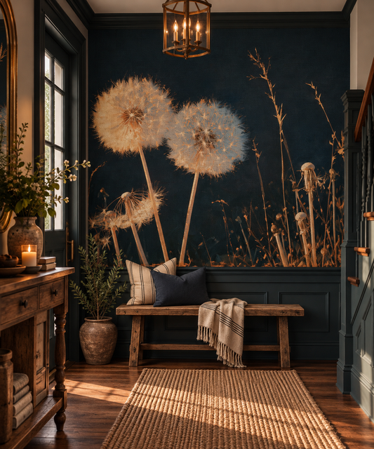 Dark botanical wall mural featuring oversized ivory and golden dandelion seed heads, delicate wild grasses and painterly textures against a deep midnight-blue background in entryway.