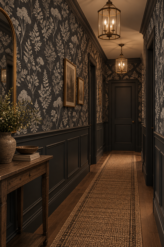 Dark floral wallpaper featuring vintage wildflowers, botanical foliage, and warm autumn tones on a black background, creating a moody cottagecore hallway.