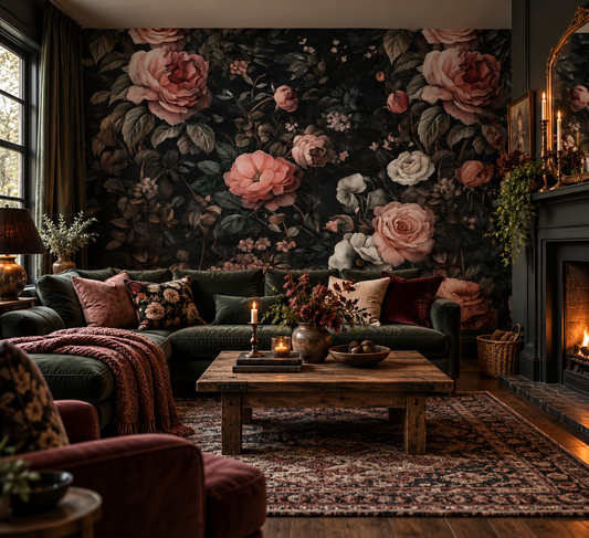 Dark Floral Wallpaper Mural – Heirloom Rose Garden