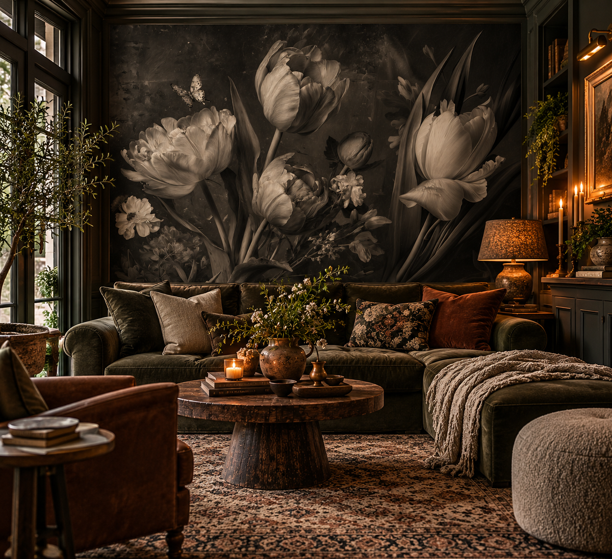 Monochrome Floral Wallpaper – Black & White Tulip Wall Mural