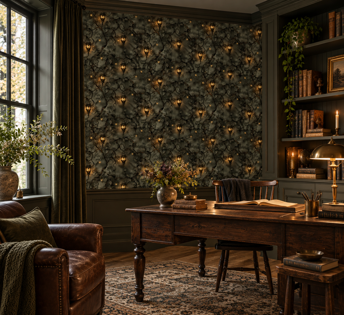 Dark botanical wallpaper with twisting ivy vines, glowing vintage lanterns and warm golden lights on a moody charcoal green background in office.