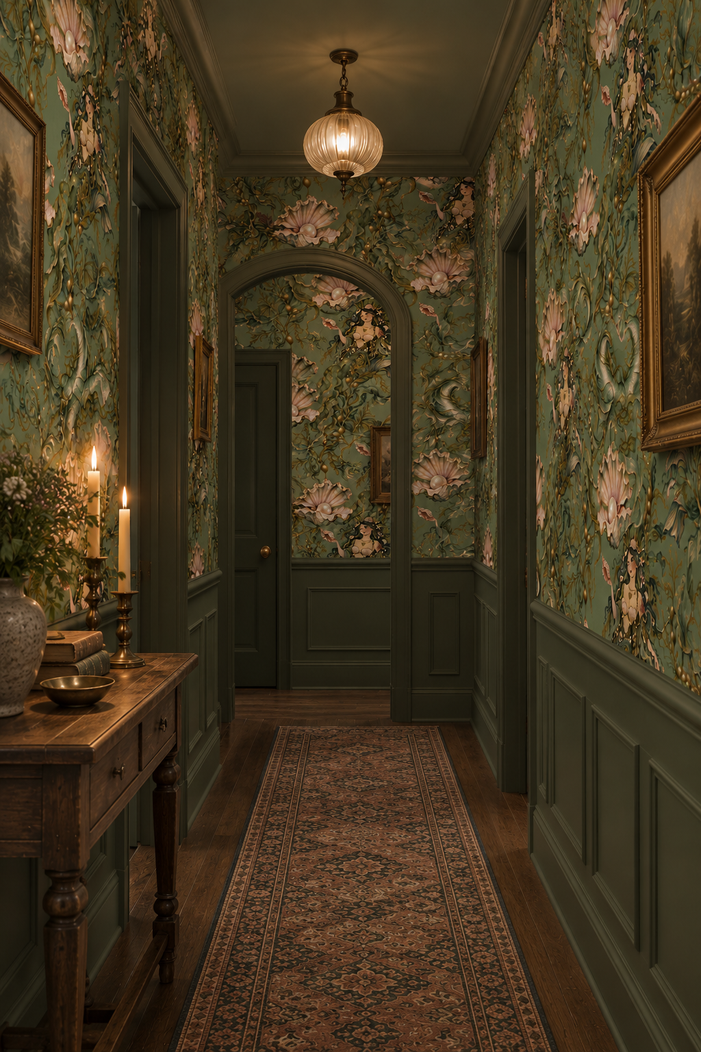 Moody green mythical sea life wallpaper featuring dark-haired sirens, curling sea serpents, flowing seaweed and blush pink oyster shells with pearls in a vintage botanical illustration style in hallway.