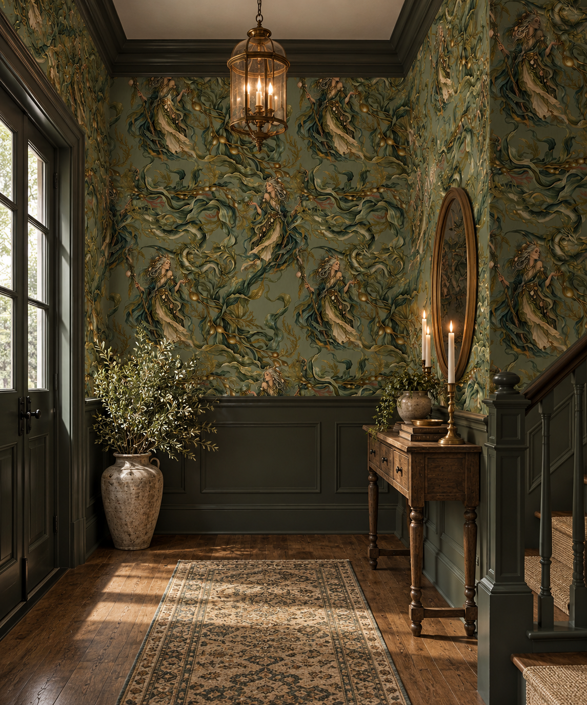 The Hag sea witch wallpaper featuring mysterious ocean witches, mythical sea serpents and twisting underwater botanicals in muted olive green, teal and antique gold in entryway