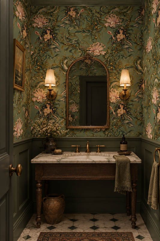 Moody green mythical sea life wallpaper featuring dark-haired sirens, curling sea serpents, flowing seaweed and blush pink oyster shells with pearls in a vintage botanical illustration style in powder room.