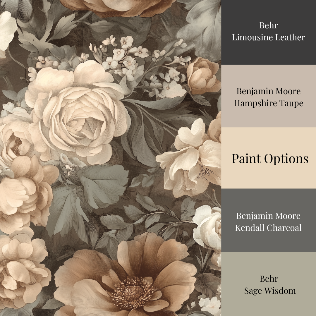 Vintage floral wallpaper featuring cream, ivory, and taupe roses with layered botanical blooms on a muted olive background, creating a warm cottagecore and traditional garden aesthetic, with paint options