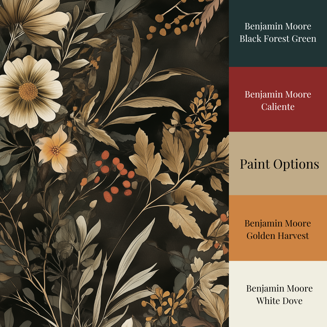 Dark floral wallpaper featuring vintage wildflowers, botanical foliage, and warm autumn tones on a black background,