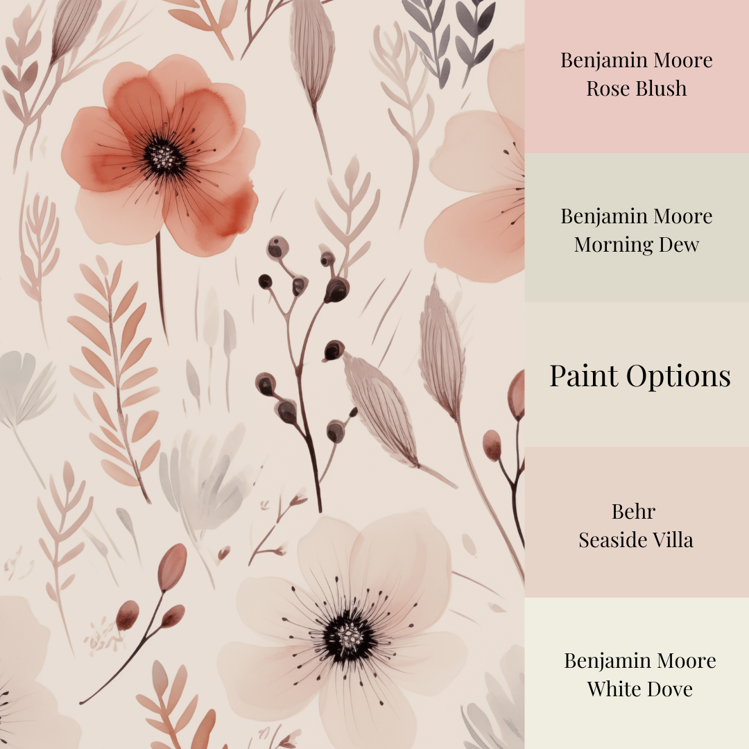 Blush poppy floral wallpaper featuring soft pink watercolor flowers, delicate botanical stems, and warm neutral tones in a romantic cottagecore wildflower pattern, with paint options