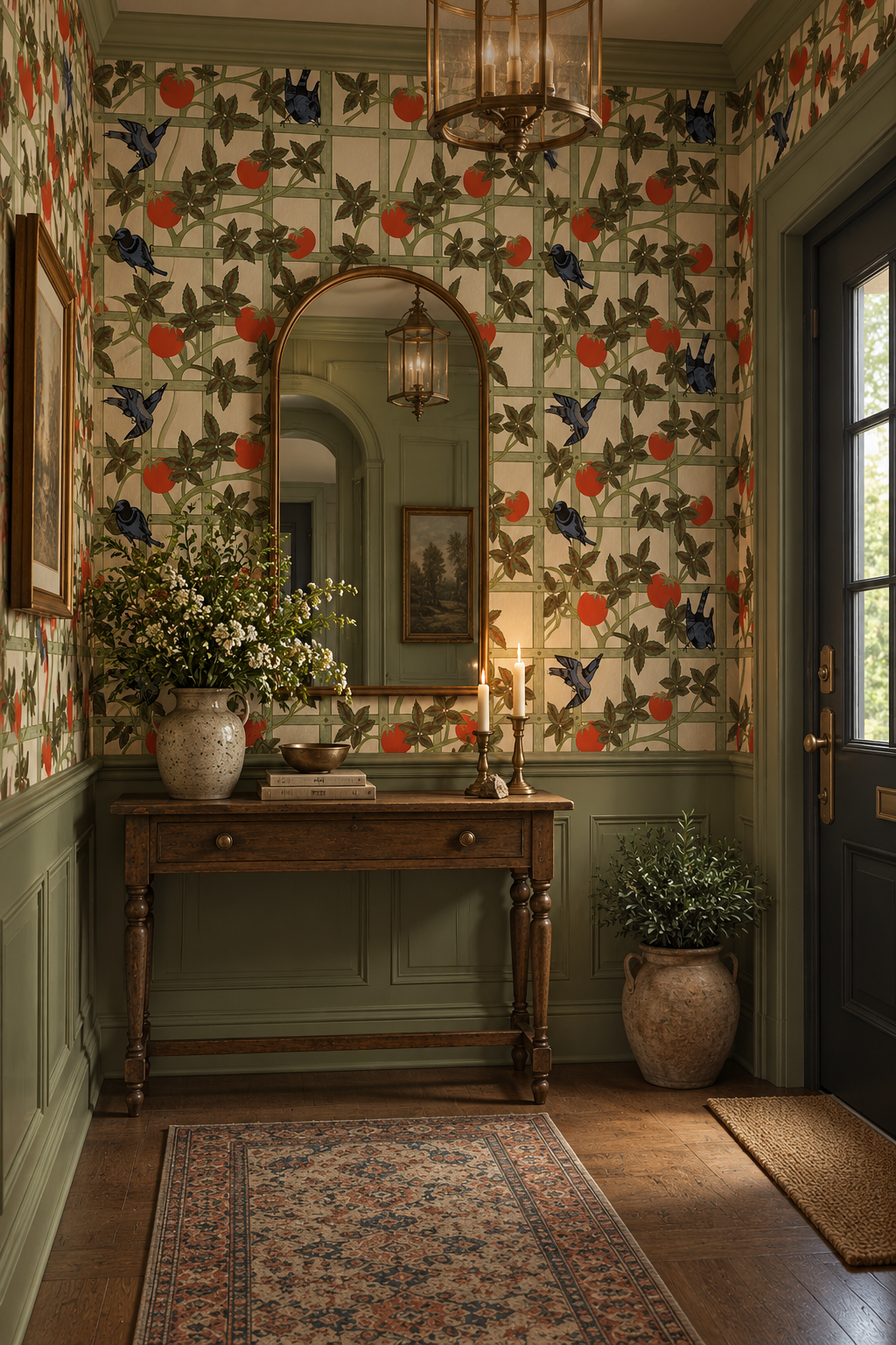 Vintage botanical wallpaper featuring black birds, red tomatoes and climbing green vines on a cream garden trellis in entryway.