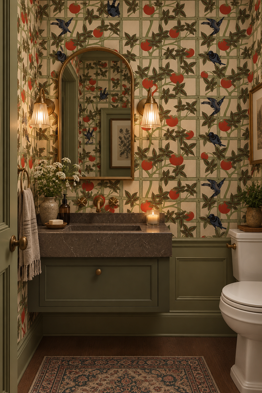 Vintage botanical wallpaper featuring black birds, red tomatoes and climbing green vines on a cream garden trellis in powder room.