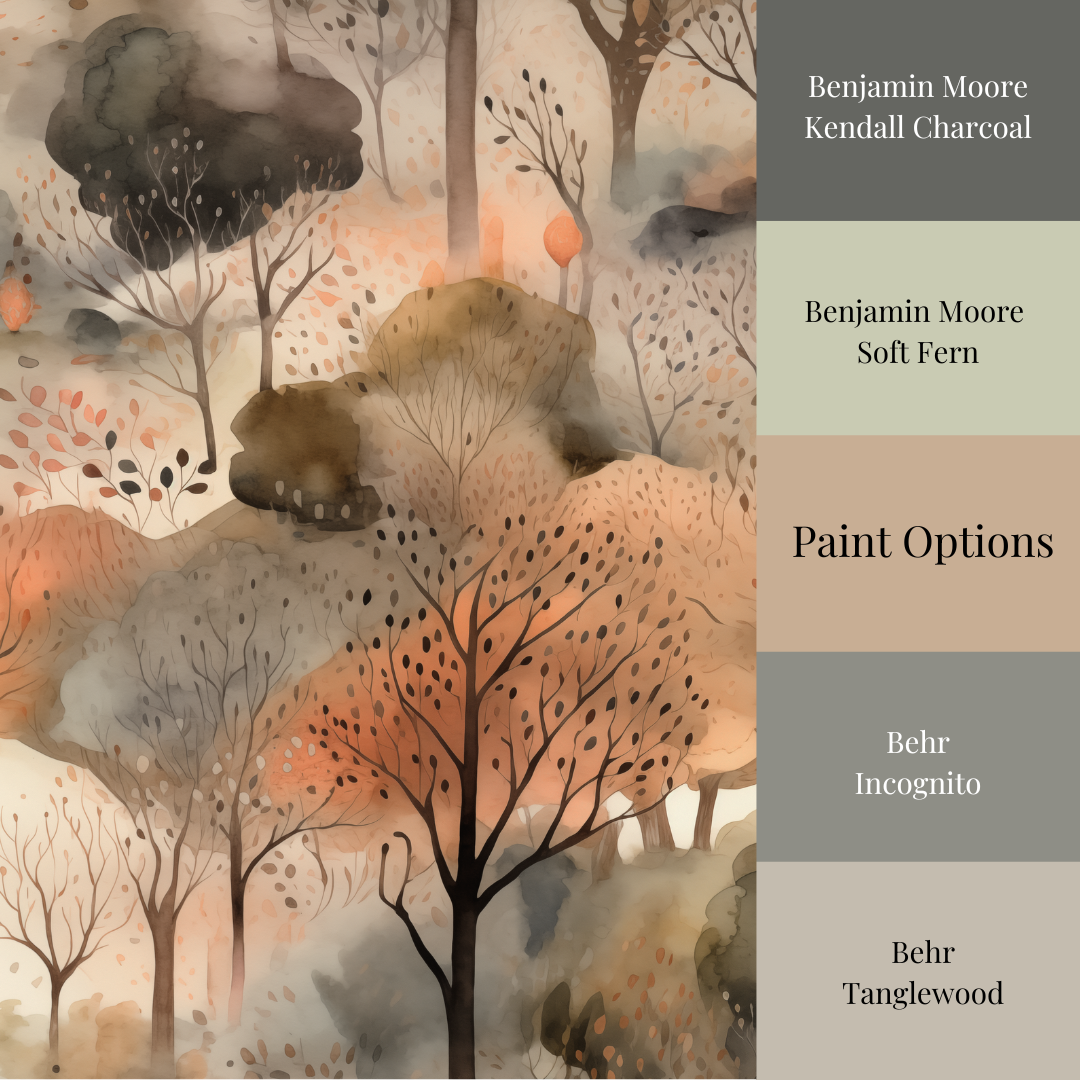 Watercolor wallpaper featuring soft autumn forest trees with warm amber, burnt orange, and golden yellow foliage on a misty neutral background and paint options