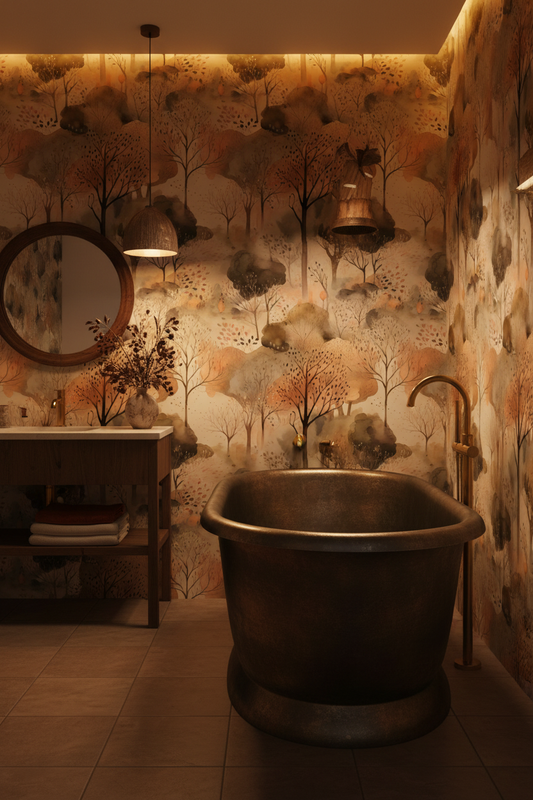 Watercolor wallpaper featuring soft autumn forest trees with warm amber, burnt orange, and golden yellow foliage on a misty neutral background in bathroom