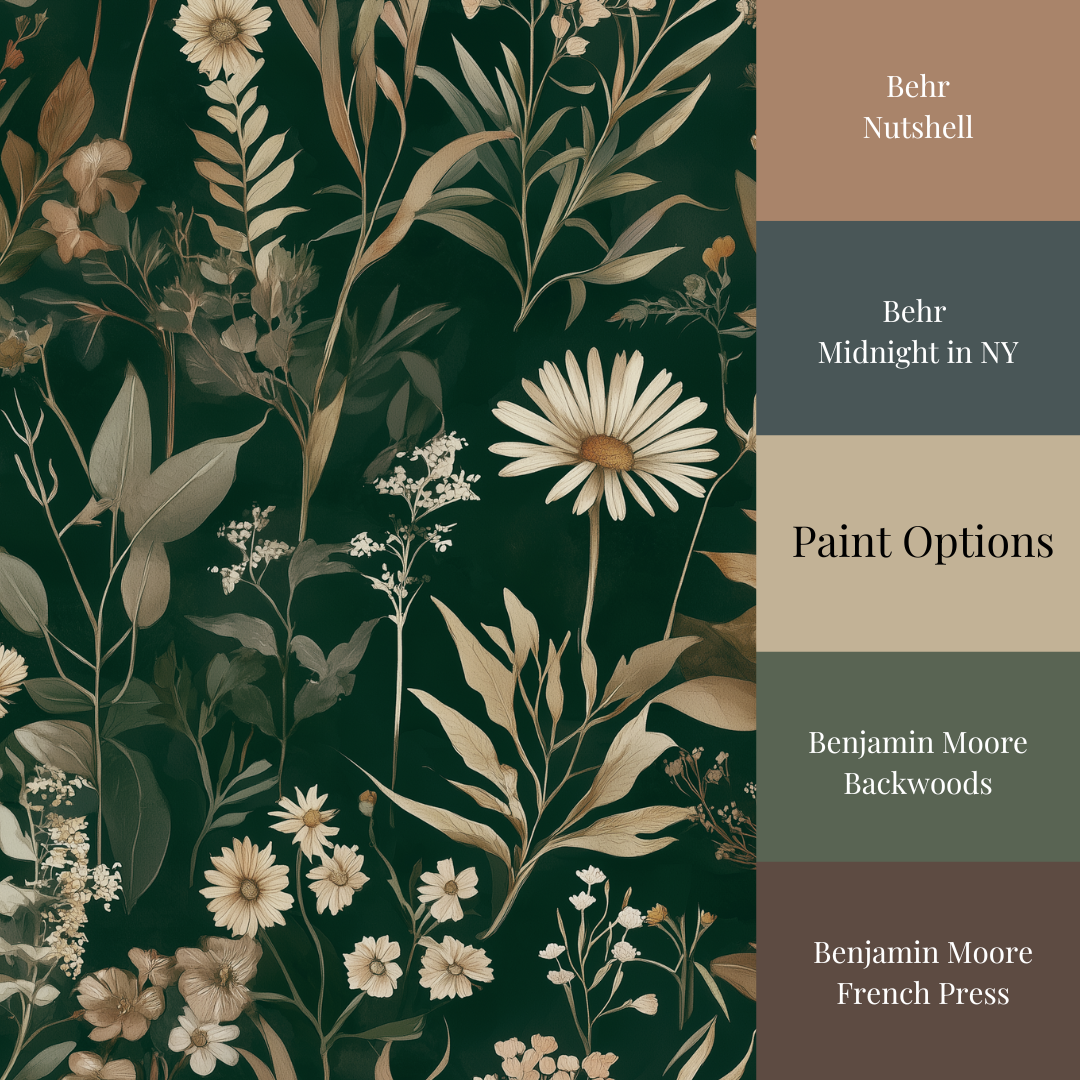 Dark moody wallpaper with dramatic oversized floral blooms in deep navy, charcoal, and inky black tones with rich botanical detail with matching paint colors