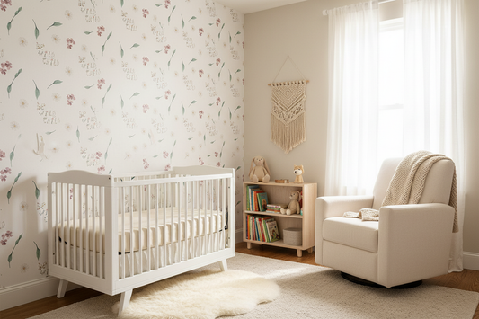 Neutral nursery wallpaper featuring delicate wildflowers, leafy botanicals, and the phrase "Be Wild Child" on a soft cream background, creating a whimsical cottagecore nursery space.