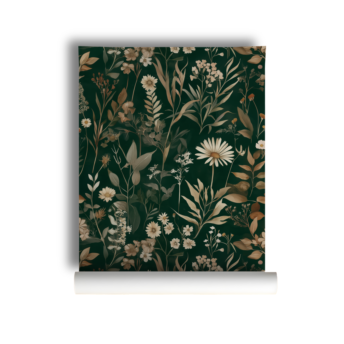 Dark moody wallpaper with dramatic oversized floral blooms in deep navy, charcoal, and inky black tones with rich botanical detail on roll