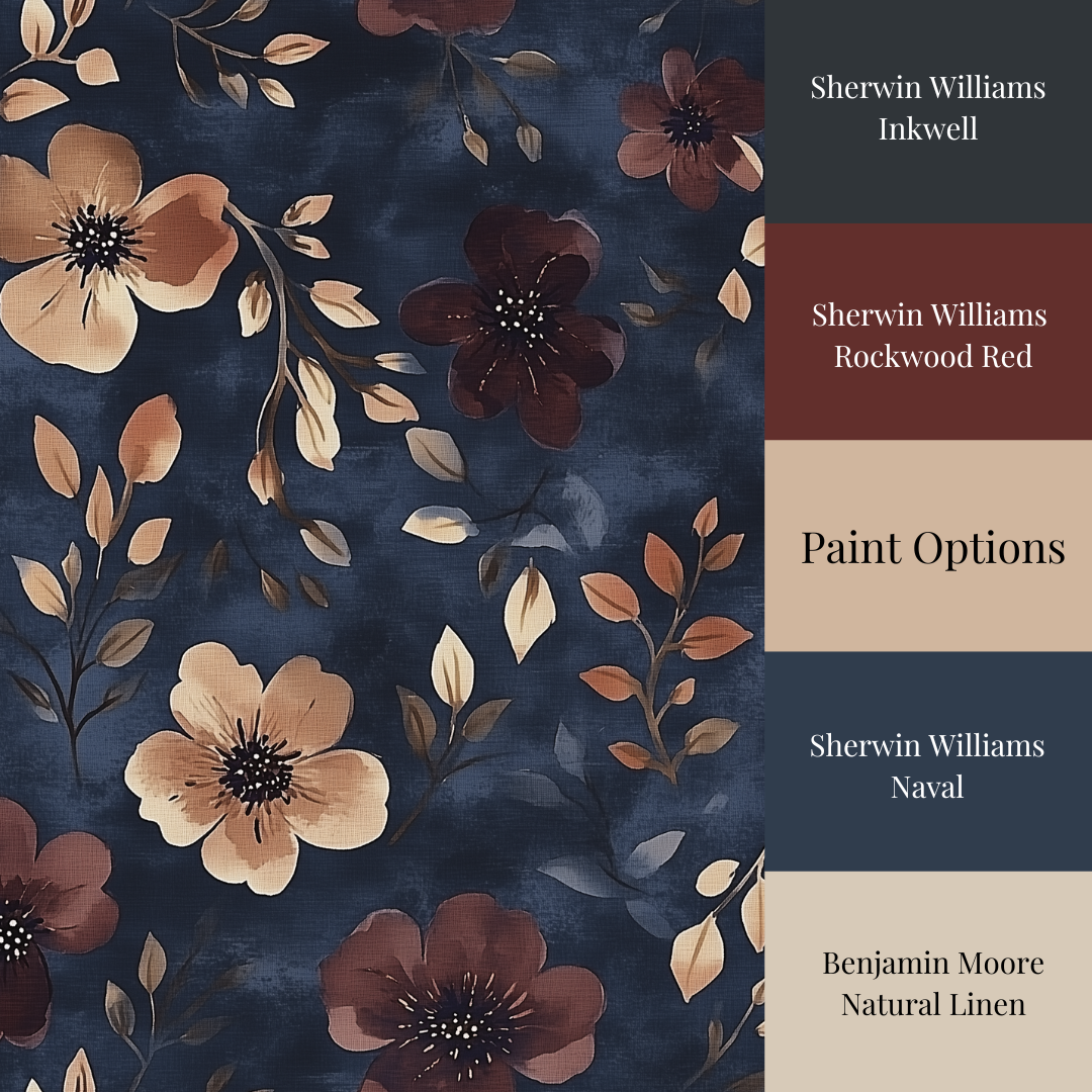 A wallpaper featuring a floral pattern with flowers in shades of burgundy, peach, and ochre on a rich midnight blue background.