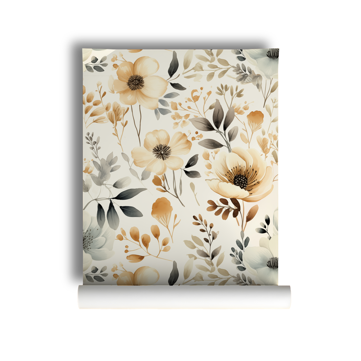 Soft beige and sage floral wallpaper with watercolor wildflowers and botanical foliage on a warm cream background on roll