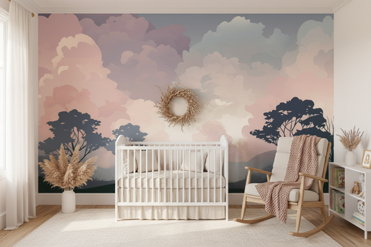 a dreamy, romantic forest wallpaper mural with soft pink and blush tones under a cloudy sky in a nursery