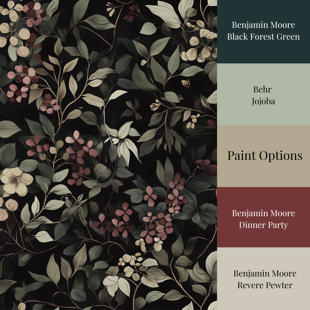 A section of wallpaper with a floral pattern featuring lush green leaves and berries, labeled with color options including 'Black Forest Green' and 'Dinner Party'.
