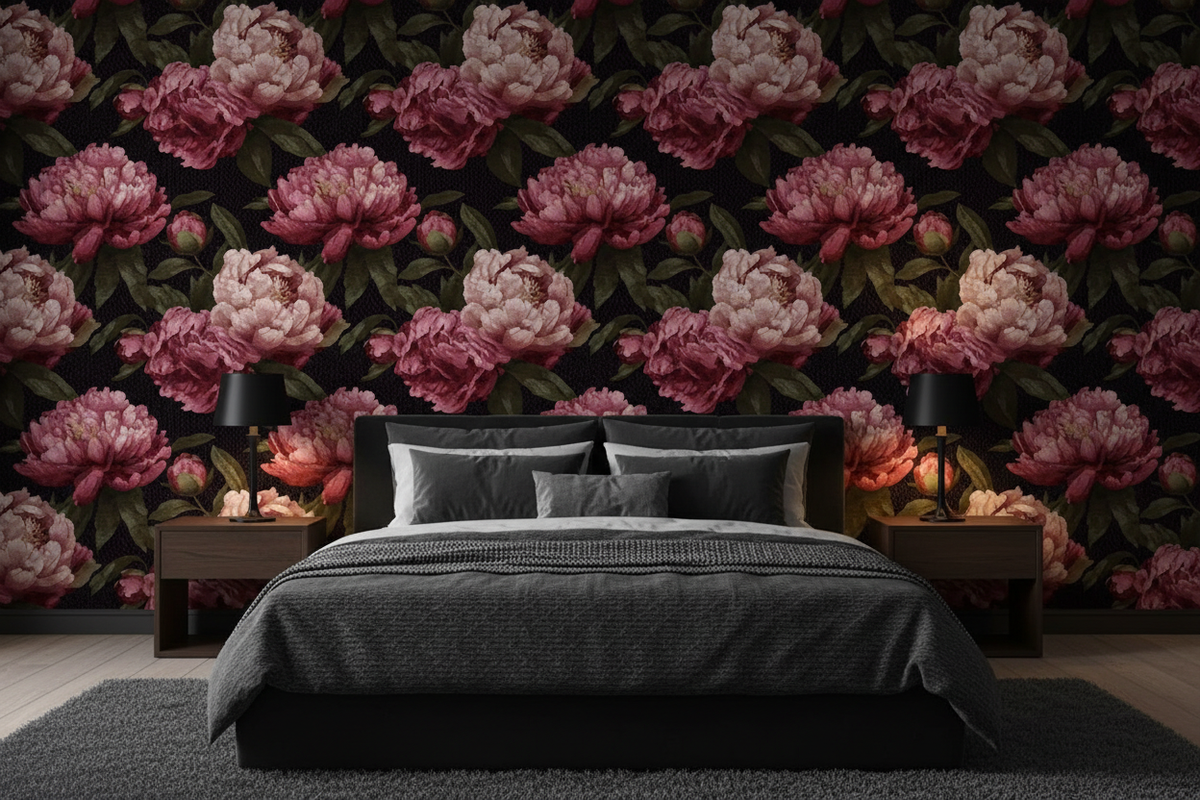 Dark Black Peony - Bedroom Mockup