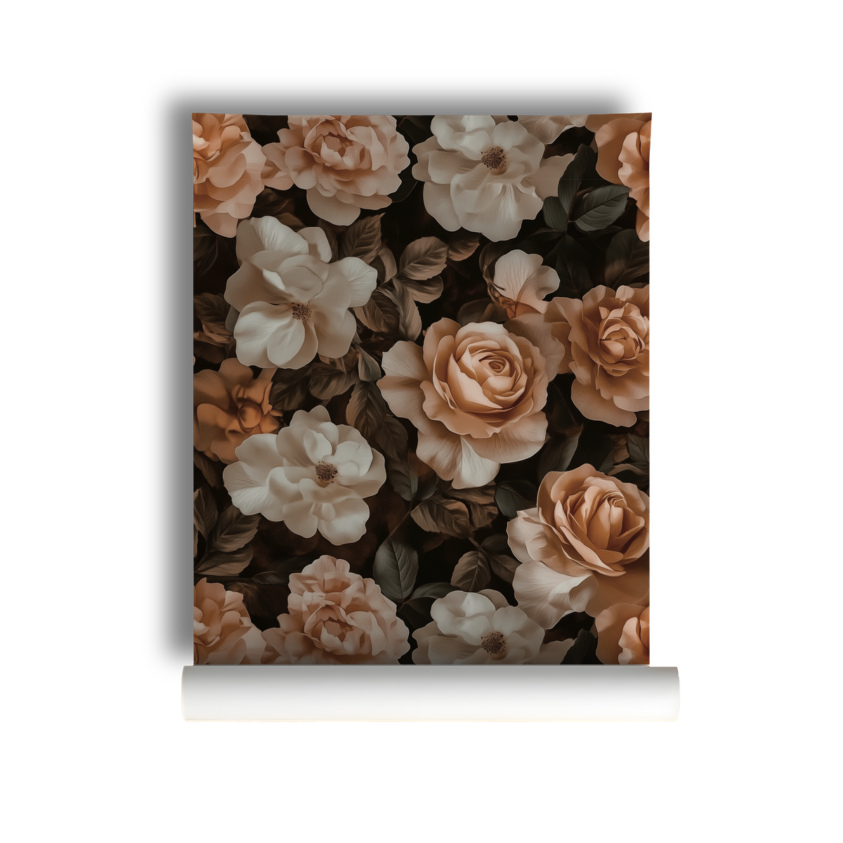 Soft watercolor wallpaper with layered rose and blush floral motifs in muted dusty pink and mauve tones on a warm neutral background on roll