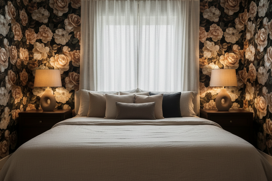 Soft watercolor wallpaper with layered rose and blush floral motifs in muted dusty pink and mauve tones on a warm neutral background in bedroom