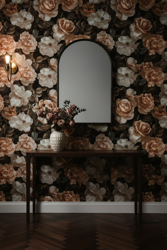 Soft watercolor wallpaper with layered rose and blush floral motifs in muted dusty pink and mauve tones on a warm neutral background in entryway