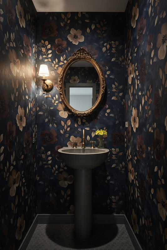 Moody botanical wallpaper featuring delicate primrose blooms and trailing vines in soft gold, cream, and warm amber tones on a deep rich background in powder room