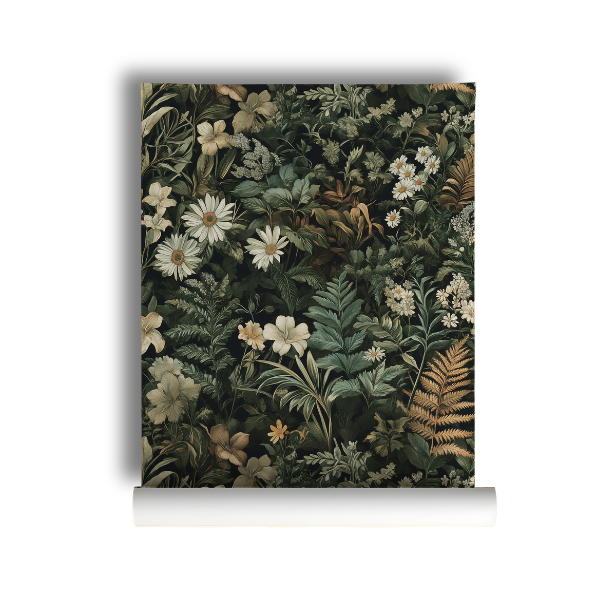 Dark green botanical wallpaper with dense vintage florals, ferns, and wildflowers in moody cottagecore style On roll