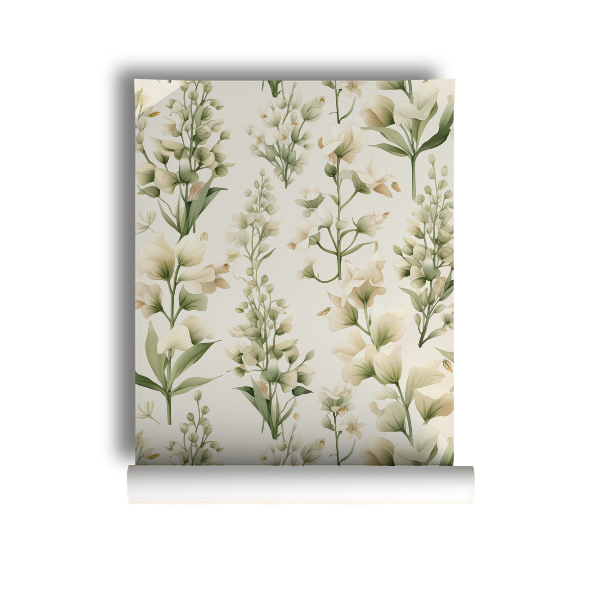 Snapdragon neutral floral wallpaper panel showing soft ivory blooms and pale green botanical stems on roll